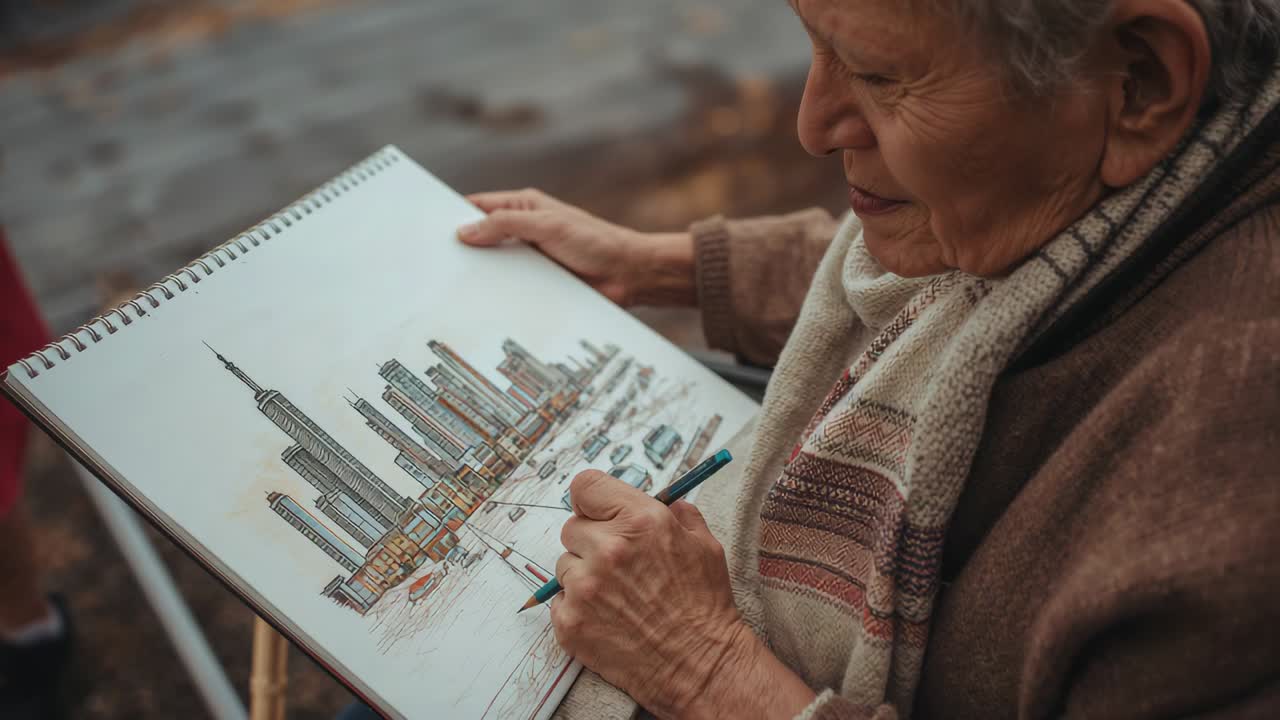 Finishing last pencil strokes, senior woman in scarf smiling and holding spiral pad at shore