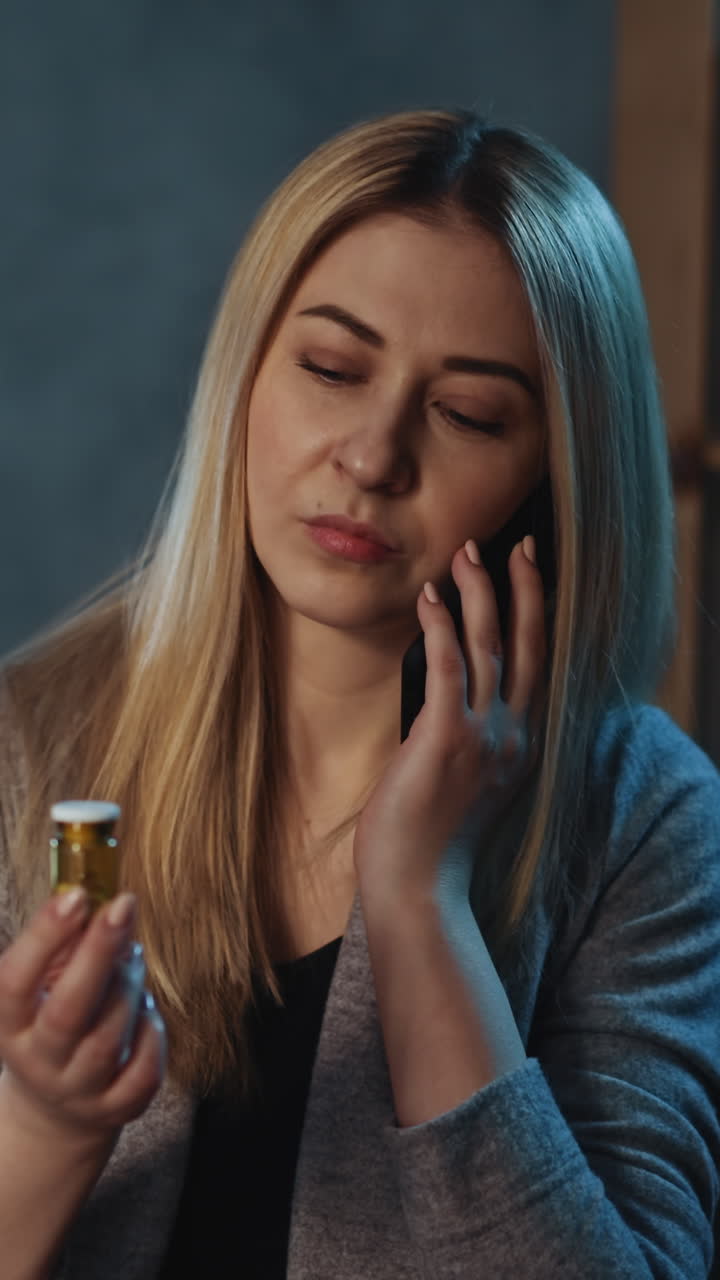 sospechosa mujer rubia pensativa con teléfono inteligente sostiene una pequeña botella con drogas escuchando las explicaciones del médico contra la lámpara incandescente en la oficina semi-oscura primer plano en cámara lenta