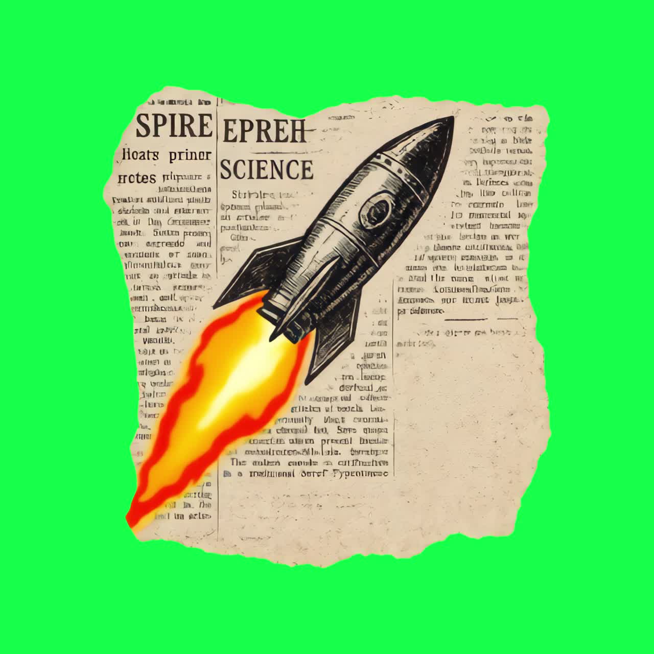 Vintage rocket on newspaper background animation, transparent 4K video, green screen