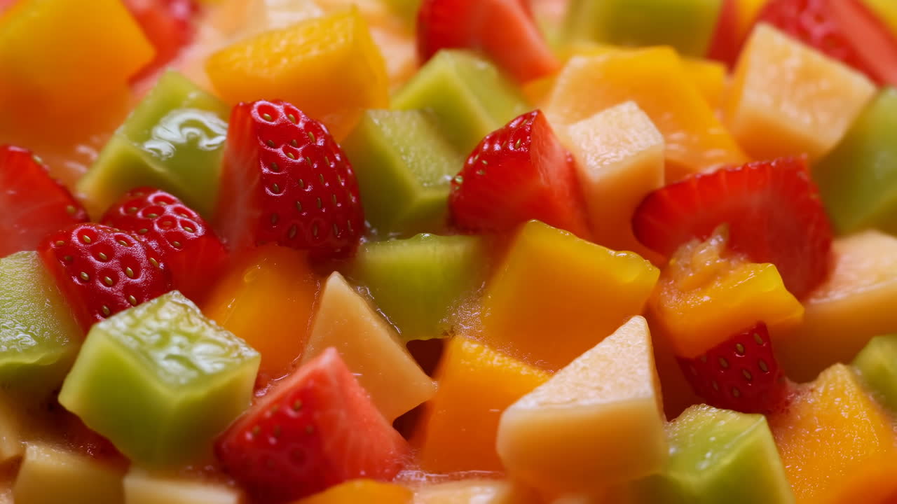 Diced Melon Strawberry Cantaloupe Honeydew Mix Colorful Fruit Salad Closeup With Glossy Syrup Sheen, Juicy