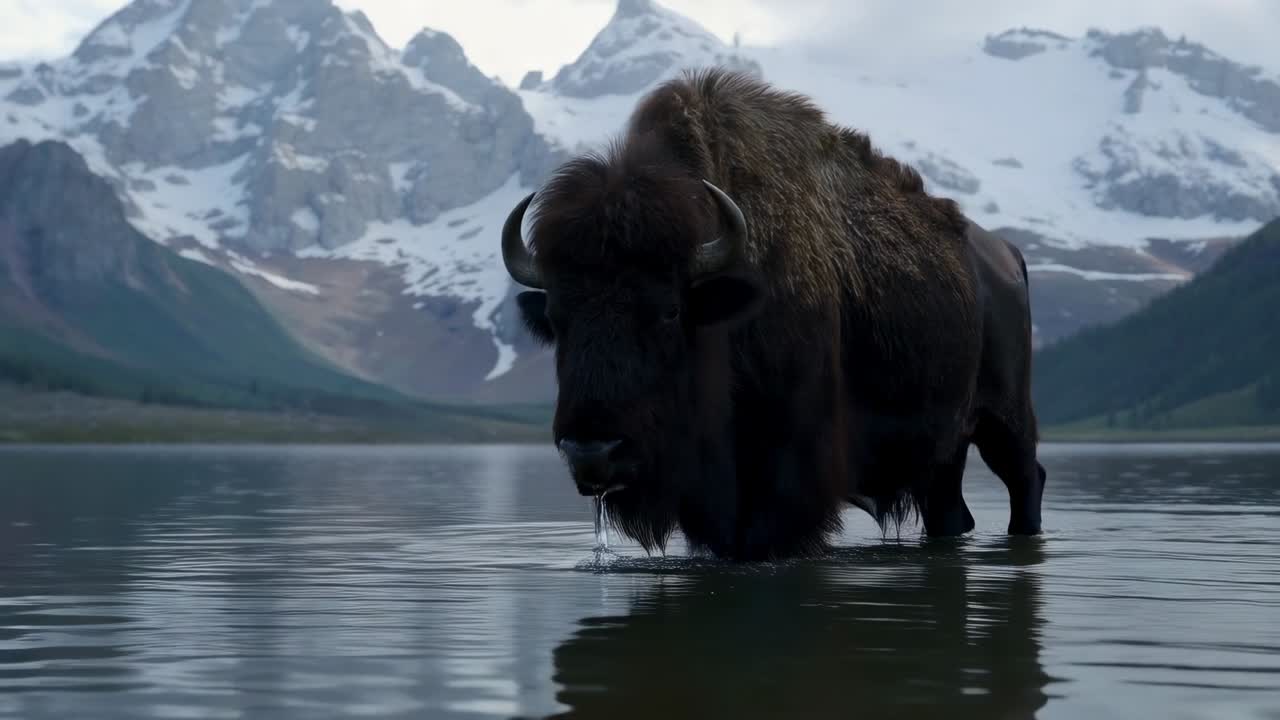 Seeking water, wading bison lowering head, drinking from shallow alpine lake amid snowy peaks