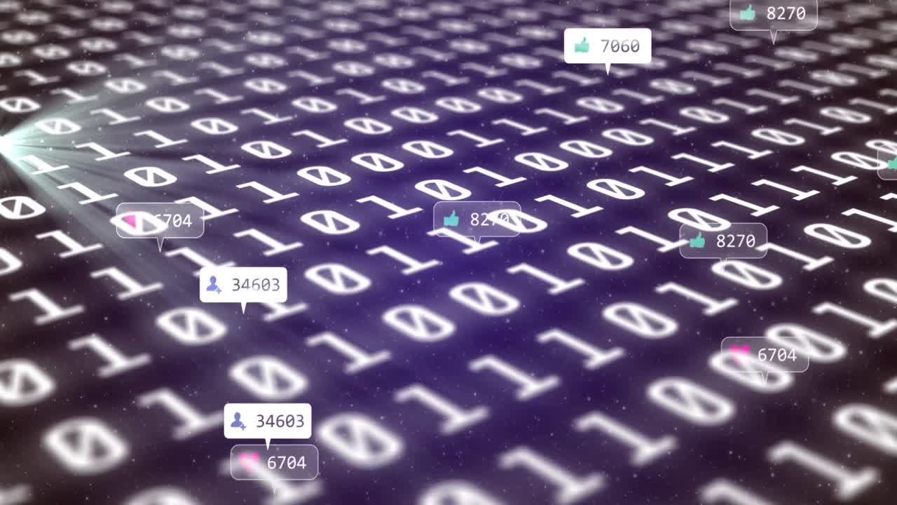 Animation of social media icons on banners over binary coding
