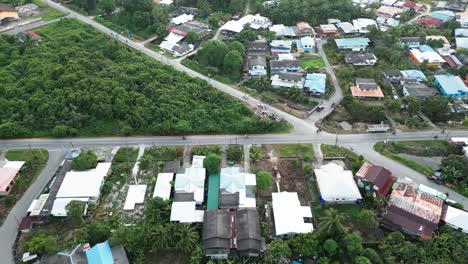 aerial drone view during summer kabong fishing village,with river and beach,sarawak,borneo