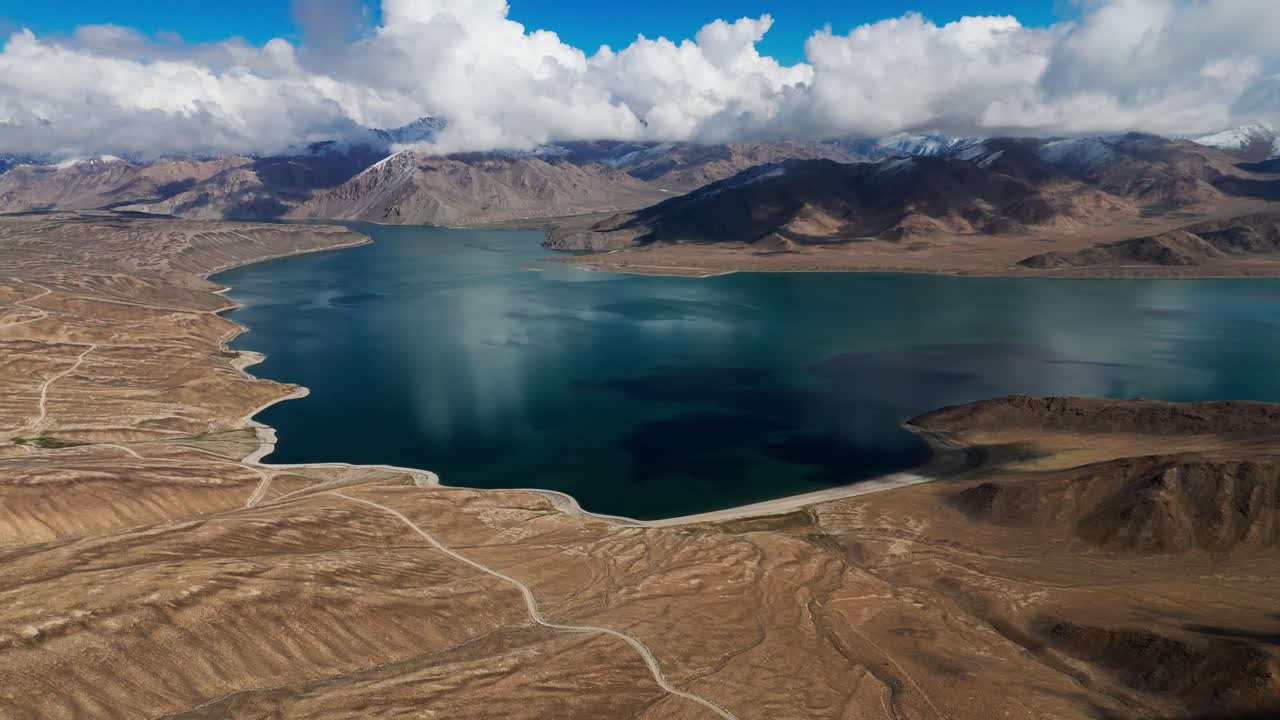 Aerial drone view of Yashilkul and Bulunkul lakes in the Pamir Mountains of Tajikistan Gorno-Badakhshan Autonomous Province