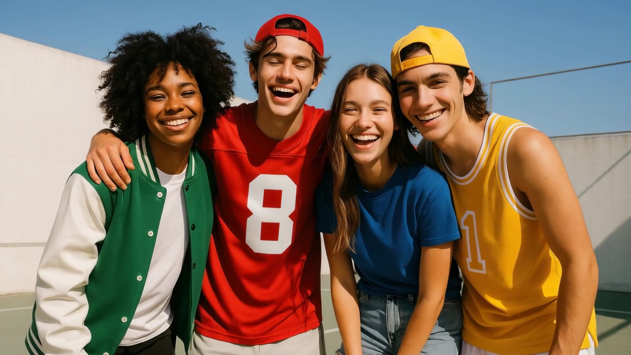 Gruppo felice di giovani amici eterogenei che sorridono insieme all'aperto