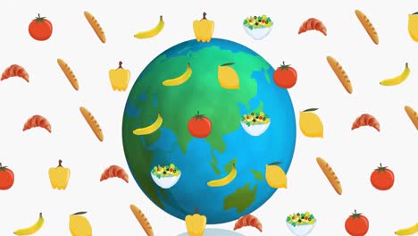 Animation-of-food-moving-over-globe-on-white-background