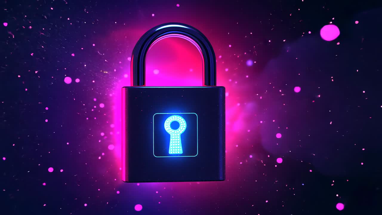 Pulsing padlock with pink glow on startup in cyberspace void signaling security with moving specks