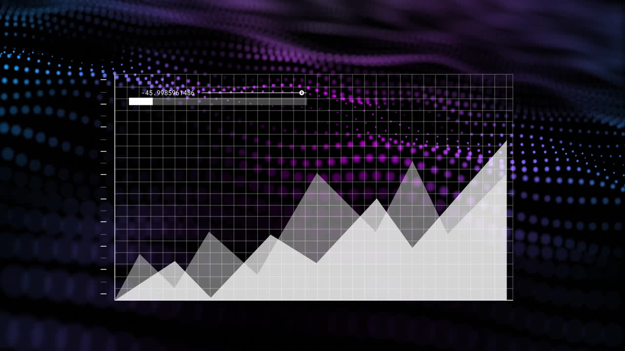Rising data points on graph with purple digital wave animation background