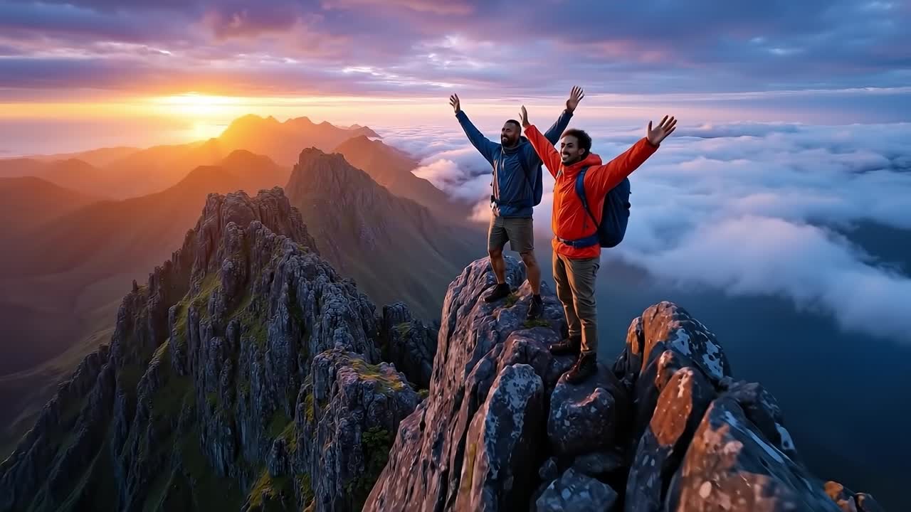 dos personas de pie en la cima de una montaña con los brazos extendidos
