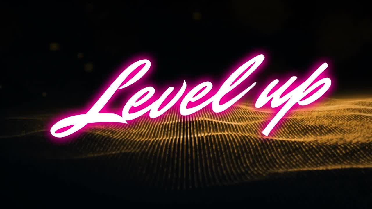 검은 바탕에 노란색 디지털 파동에 대한 네온 분홍색 레벨 업 텍스트의 디지털 애니메이션