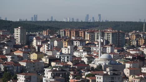 aerial view of a city with mosques and residential buildings