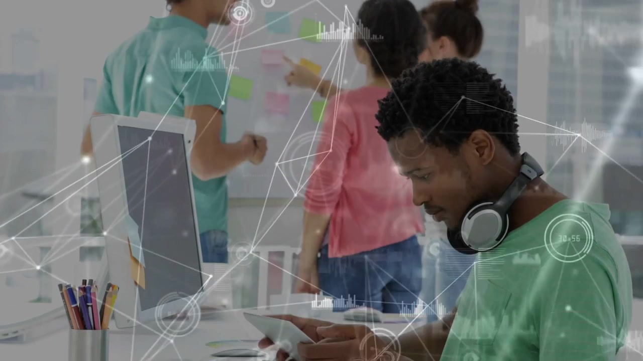 Gesturing teammate in teal placing notes on board, planning, man scanning pages, HUD, copy space