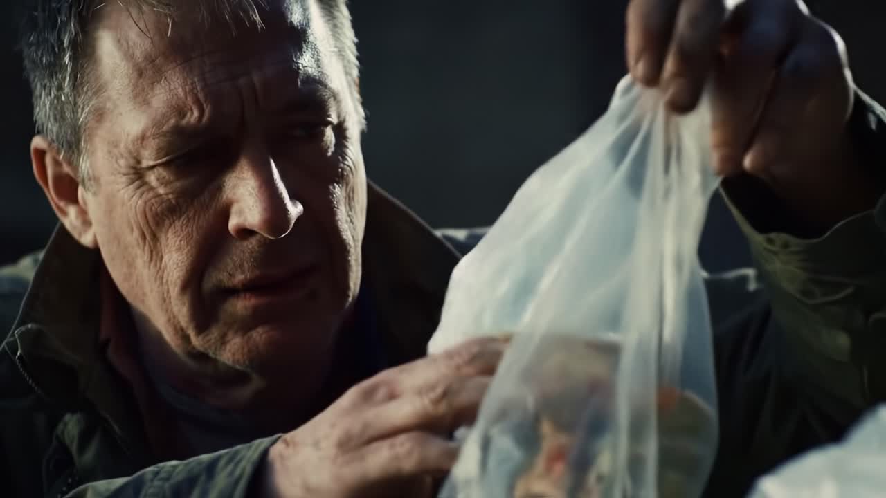 A Deeply Engaged Man Examines the Contents of a Garbage Bag, Capturing a Moment of Introspection and Emotion Amidst Urban Decay and Uncertainty