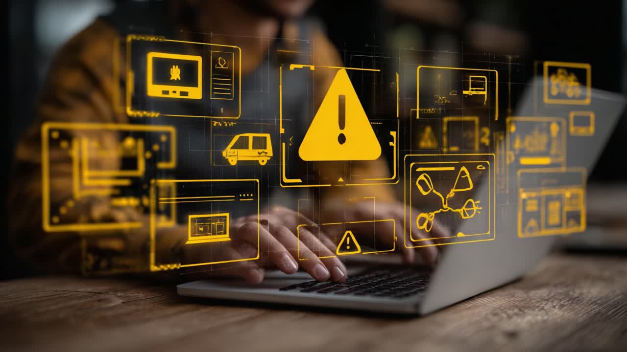 A Person Engaged in Digital Security with Visual Cues Indicating Alerts and Warnings Displayed Over a Laptop at a Modern Workspace