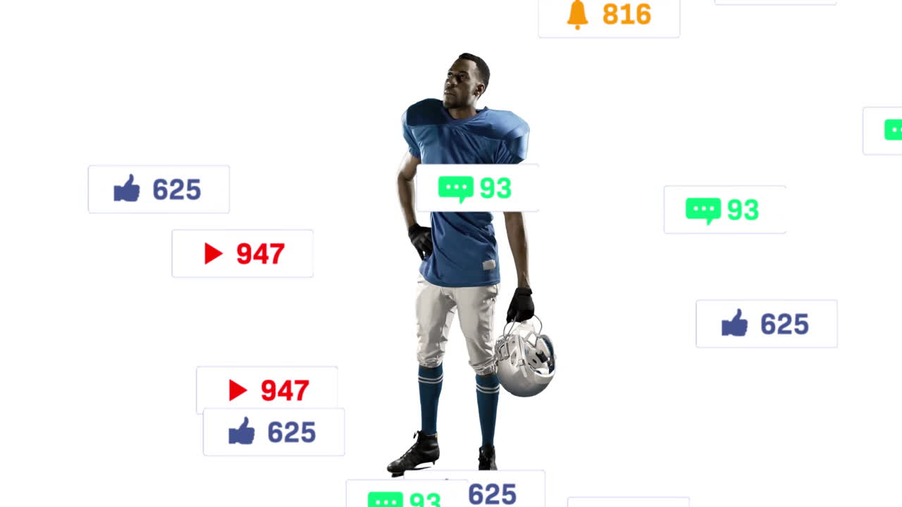 Surrounded by animation of social media icons, football player on white background