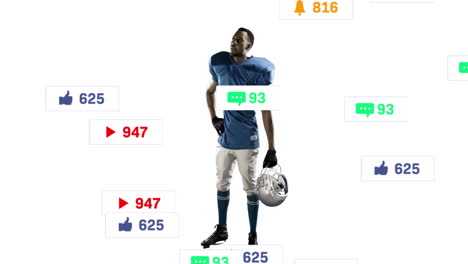 surrounded by animation of social media icons, football player on white background