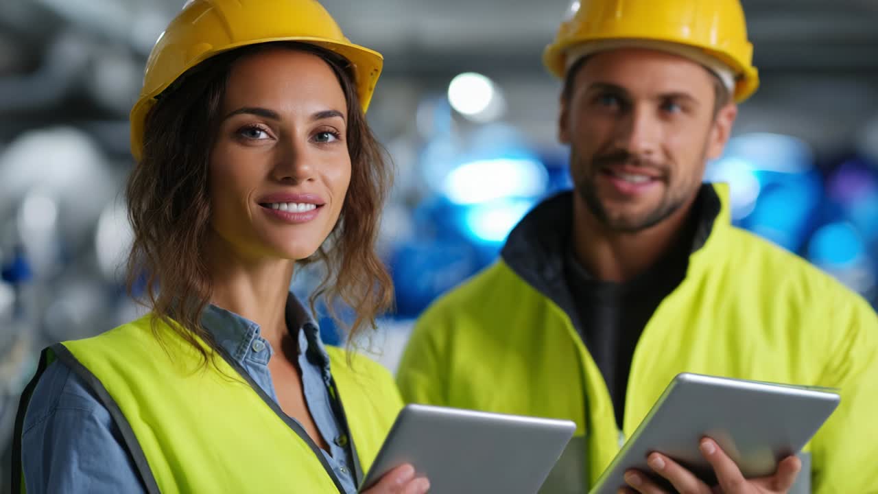 A pair of professional construction workers displaying teamwork and commitment, donning hard hats and safety vests while engaged in a discussion and reviewing plans on their tablets in an industrial environment
