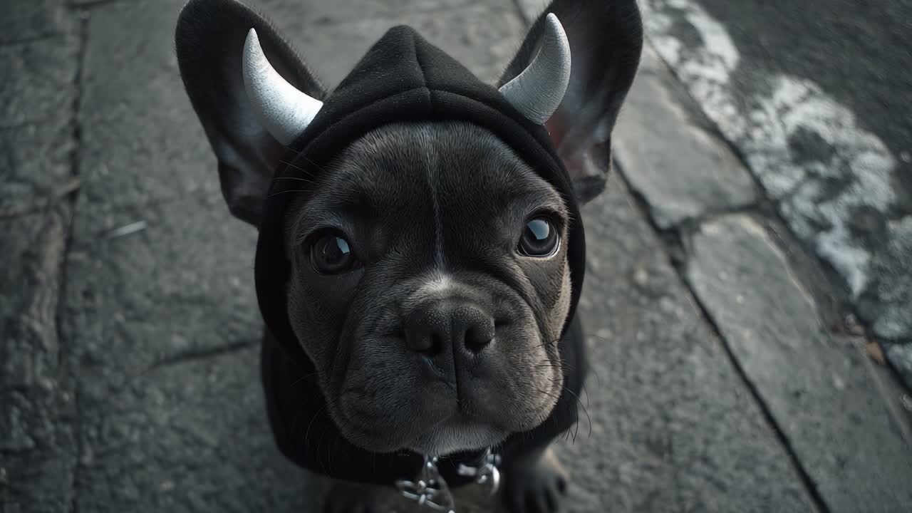 A Charming French Bulldog Dressed in a Playful Hoodie with Horns, Captured in Two Moments That Showcase Its Unique Personality and Adorable Expression