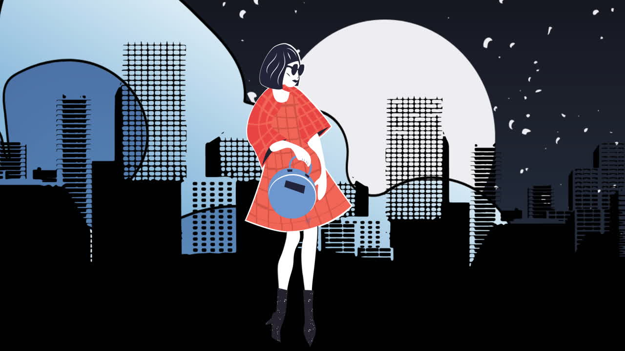 animación de dibujo de modelo en la ciudad sobre fondo negro