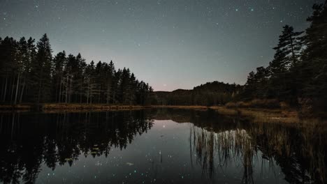 Unas-Nubes-Ligeras-Que-Se-Mueven-Rápidamente-En-El-Cielo-Estrellado-Nocturno-Se-Reflejan-En-La-Superficie-Quieta-Del-Lago-Oscuro-En-Un-Vídeo-De-Lapso-De-Tiempo