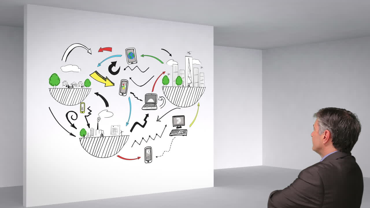 Colored animation showing 3d room and global influences and man watching