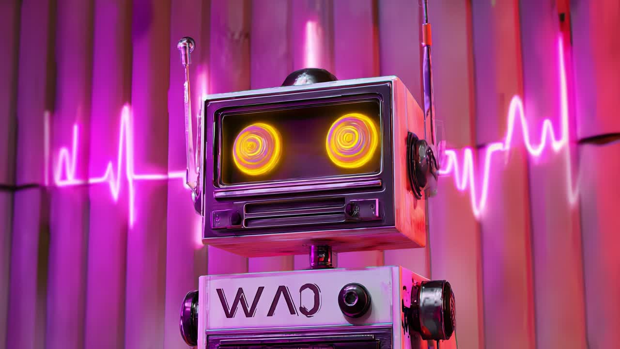 A captivating visual of a retro robot featuring bright spinning eyes and an upbeat design, complemented by a pulsating heart rate display in vibrant neon colors