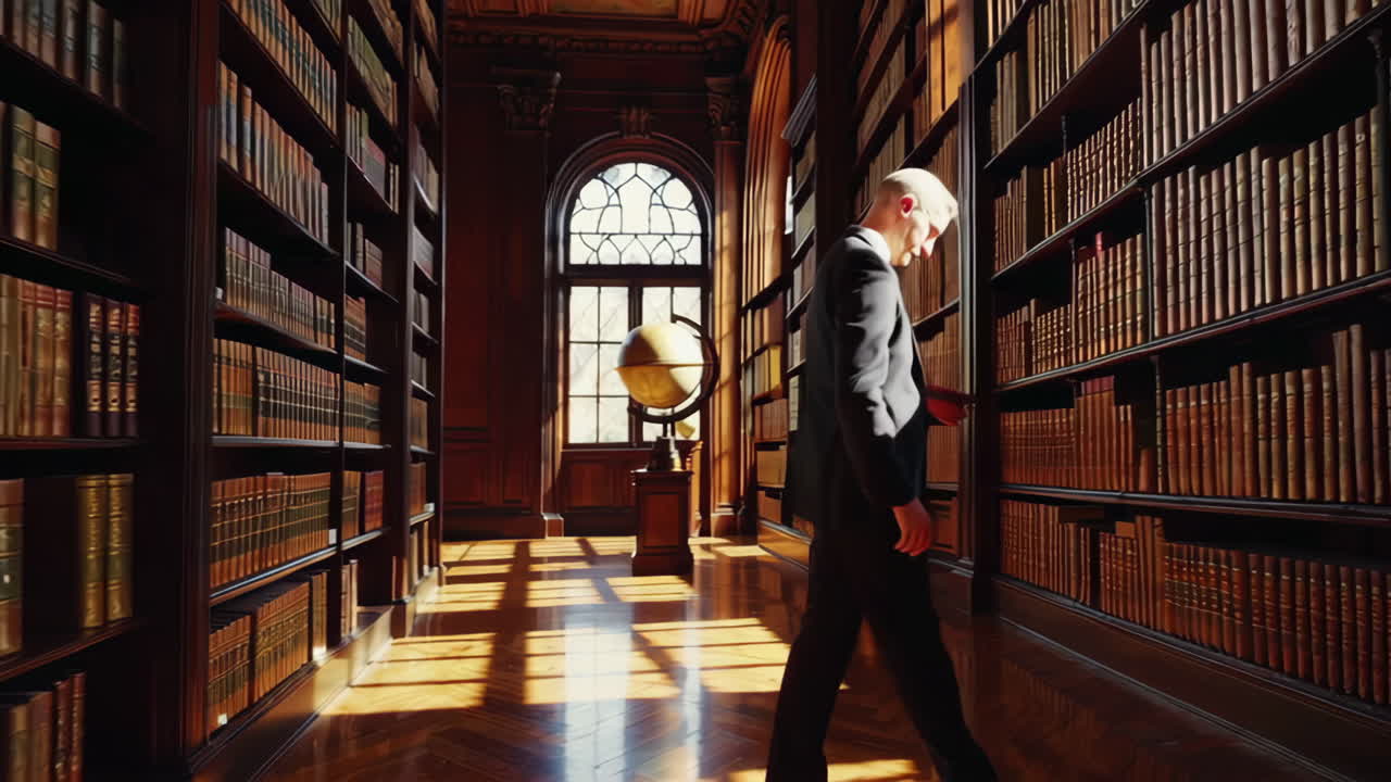 Man Browsing Antique Books in a Grand Library