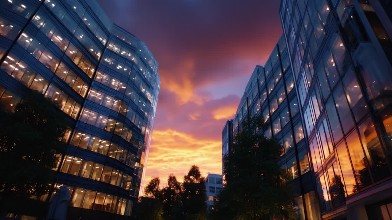 Pôr do sol deslumbrante sobre edifícios modernos: uma cena noturna vibrante entre estruturas de vidro em meio a um céu escurecendo e cores radiantes