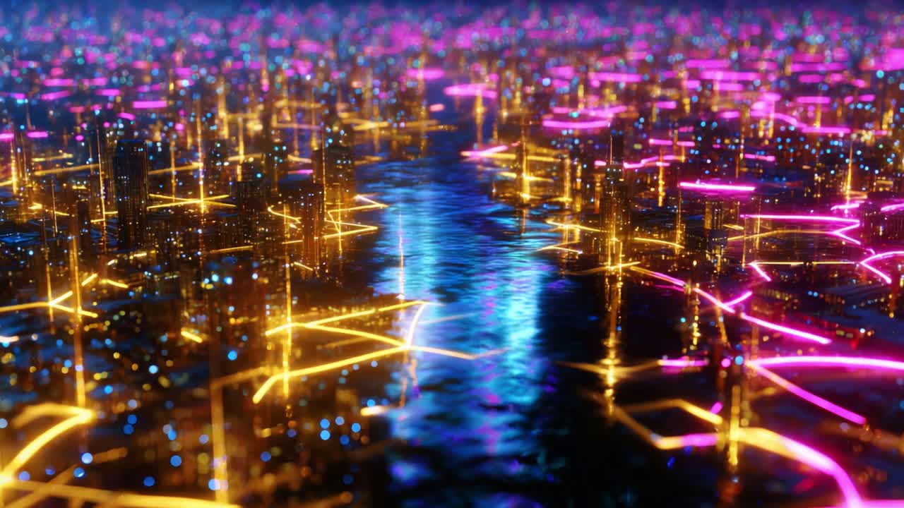 A Vibrant Digital Landscape Illuminated by Neon Lights Reflecting in Water Surfaces, Capturing the Essence and Beauty of a Futuristic City-like Environment in Stunning Detail and Color