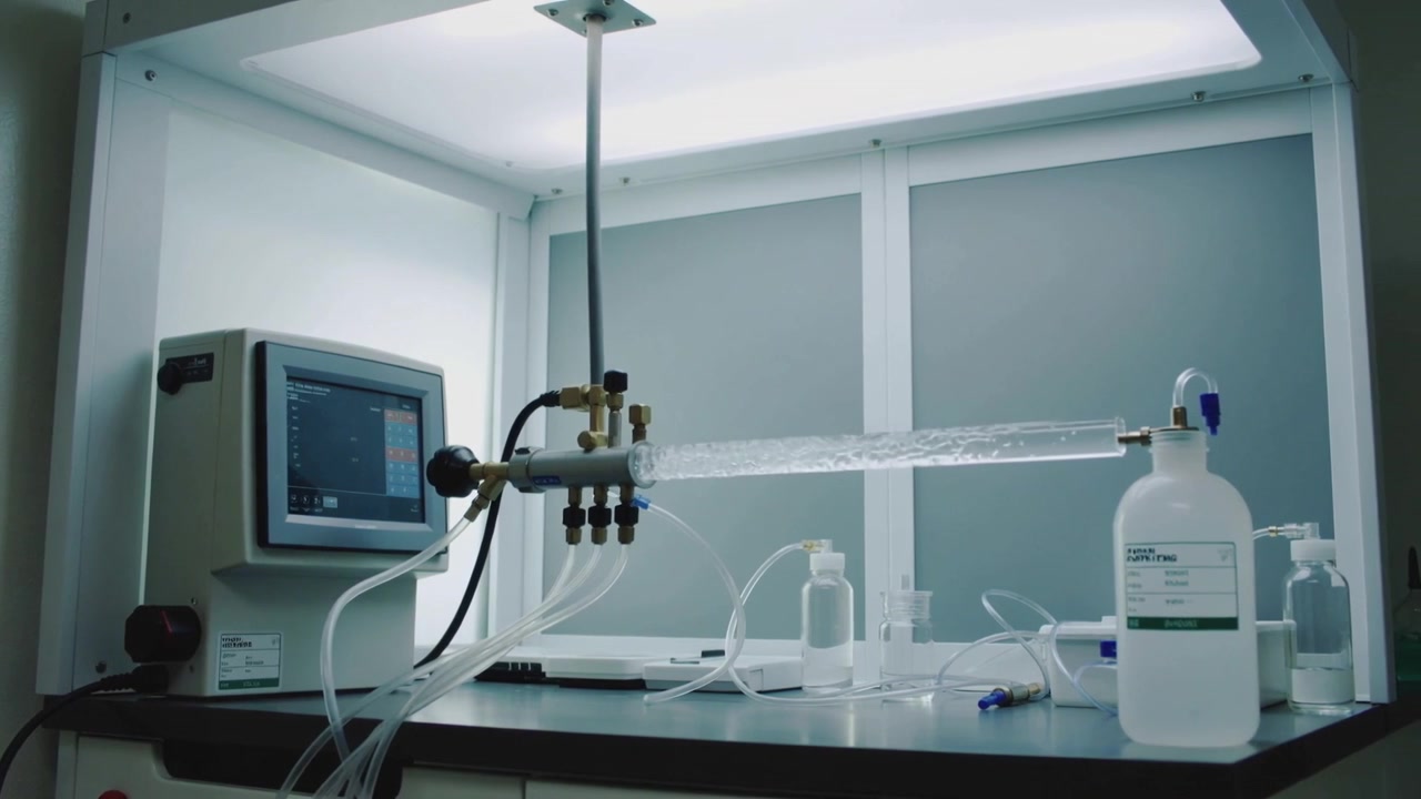 Recording glass tube and manifold circulating gently under vented hood, control unit powering flow