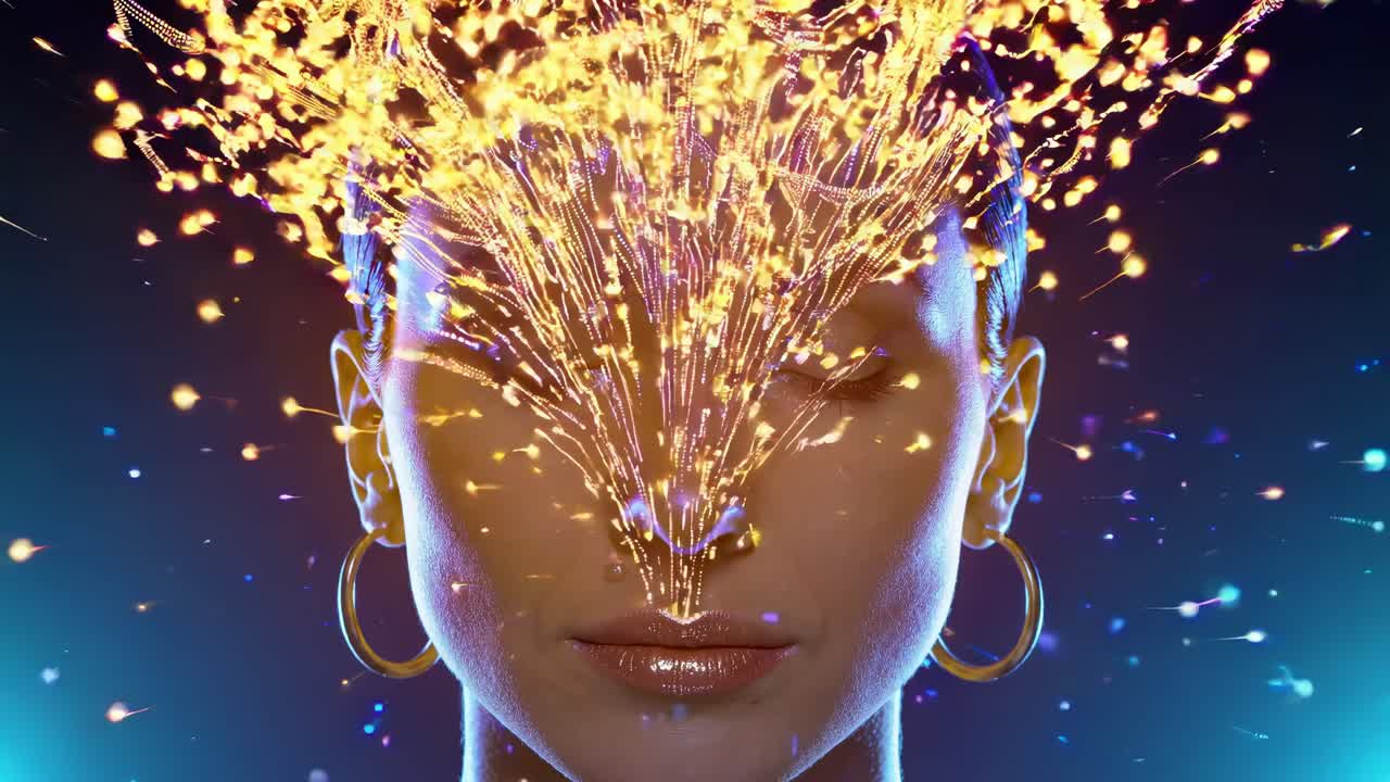 Neural network visualization showing luminous data particles emanating from human silhouette, symbolizing digital consciousness and technological evolution