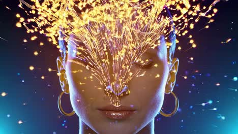 neural network visualization showing luminous data particles emanating from human silhouette, symbolizing digital consciousness and technological evolution
