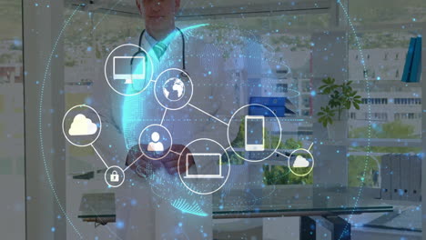 mature male doctor demonstrating healthcare technology in medical office, showing holographic globe