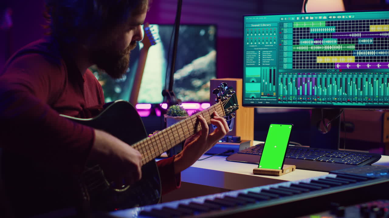 cantante principiante aprendiendo a tocar y afinar su guitarra acústica
