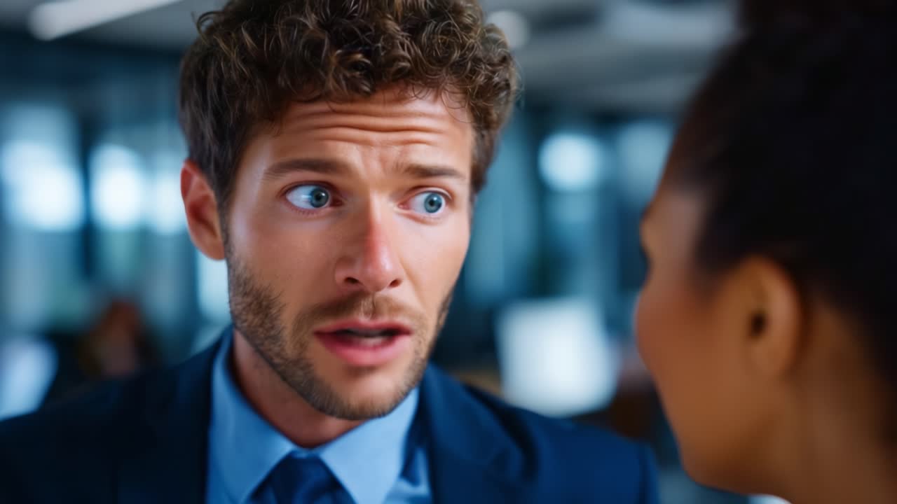 A tense confrontation unfolds in an office as emotions run high. The man expresses intense feelings, shifting from anger to surprise in a dramatic exchange