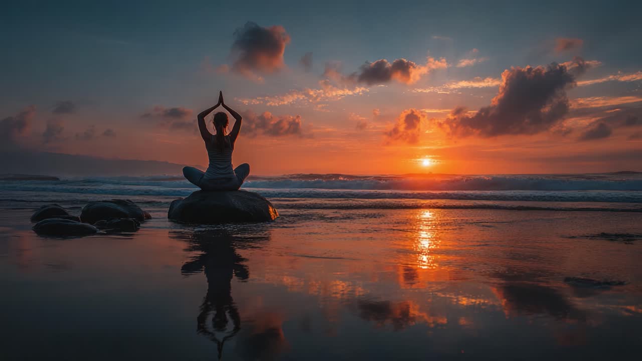 Serene Sunset Meditation: A Tranquil Moment of Reflection by the Ocean Waves, Embracing Nature's Beauty and Inner Peace in a Captivating Harmony