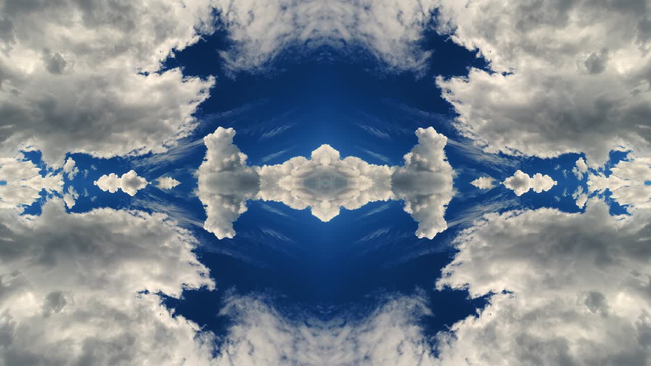 4k time lapse video of daramatic sky with moving clouds and reflection mirror effect as in a kaleidoscope. Beautiful fractal pattern of dramatic sky with changing weather.