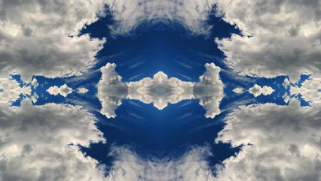 video de lapso de tiempo de 4k de cielo daramatic con nubes en movimiento y efecto espejo de reflejo como en un caleidoscopio. hermoso patrón fractal de cielo dramático con clima cambiante.