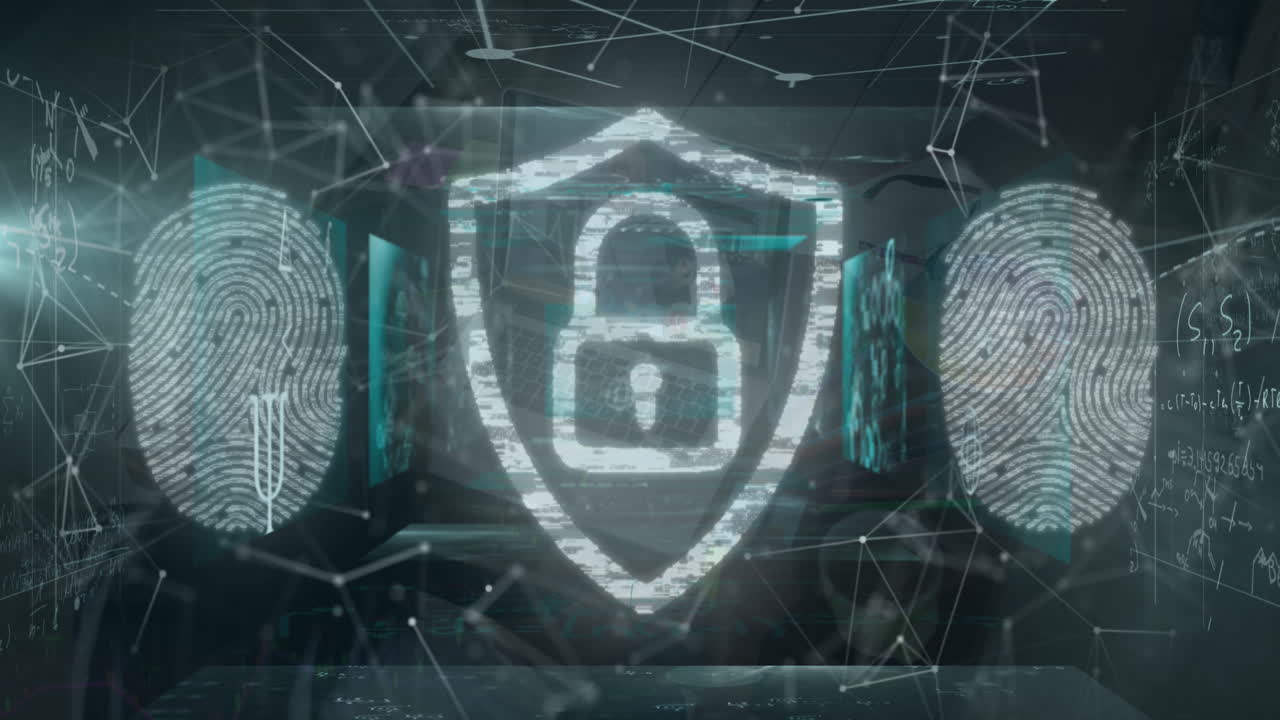 animación de procesamiento de datos y candado de seguridad sobre mujer usando computadora portátil
