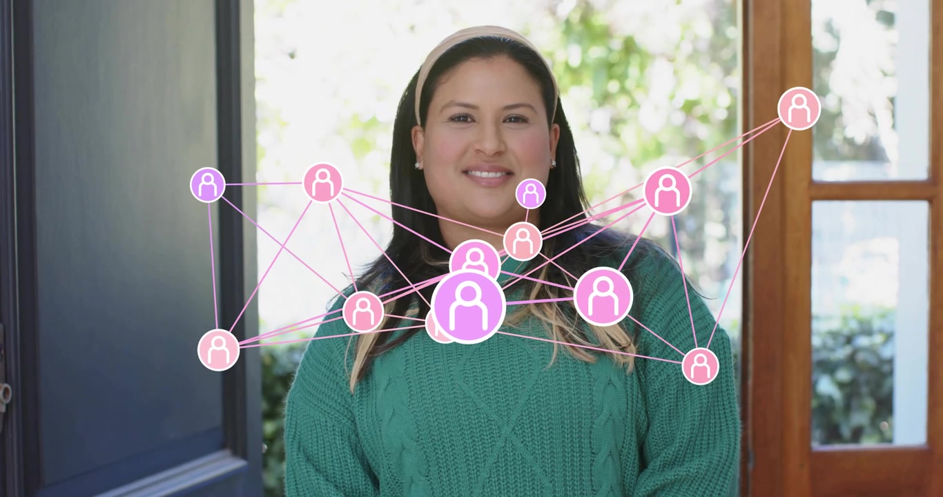 Donna all'ingresso che osserva un'icona rosa che avvia una rete web che si forma sul busto per la tecnologia.