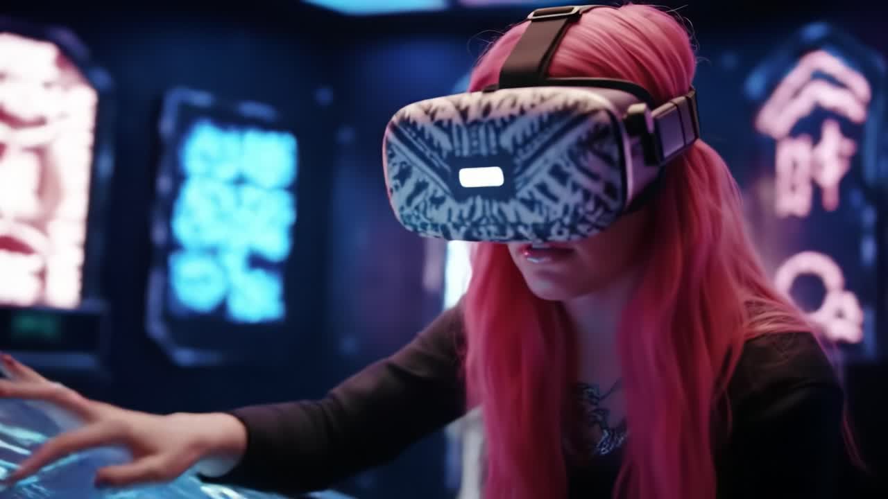 Immersive Virtual Reality Experience: Engaging Interaction from a User with Vibrant Pink Hair Exploring Futuristic Technology through a VR Headset in a Dimly Lit Environment