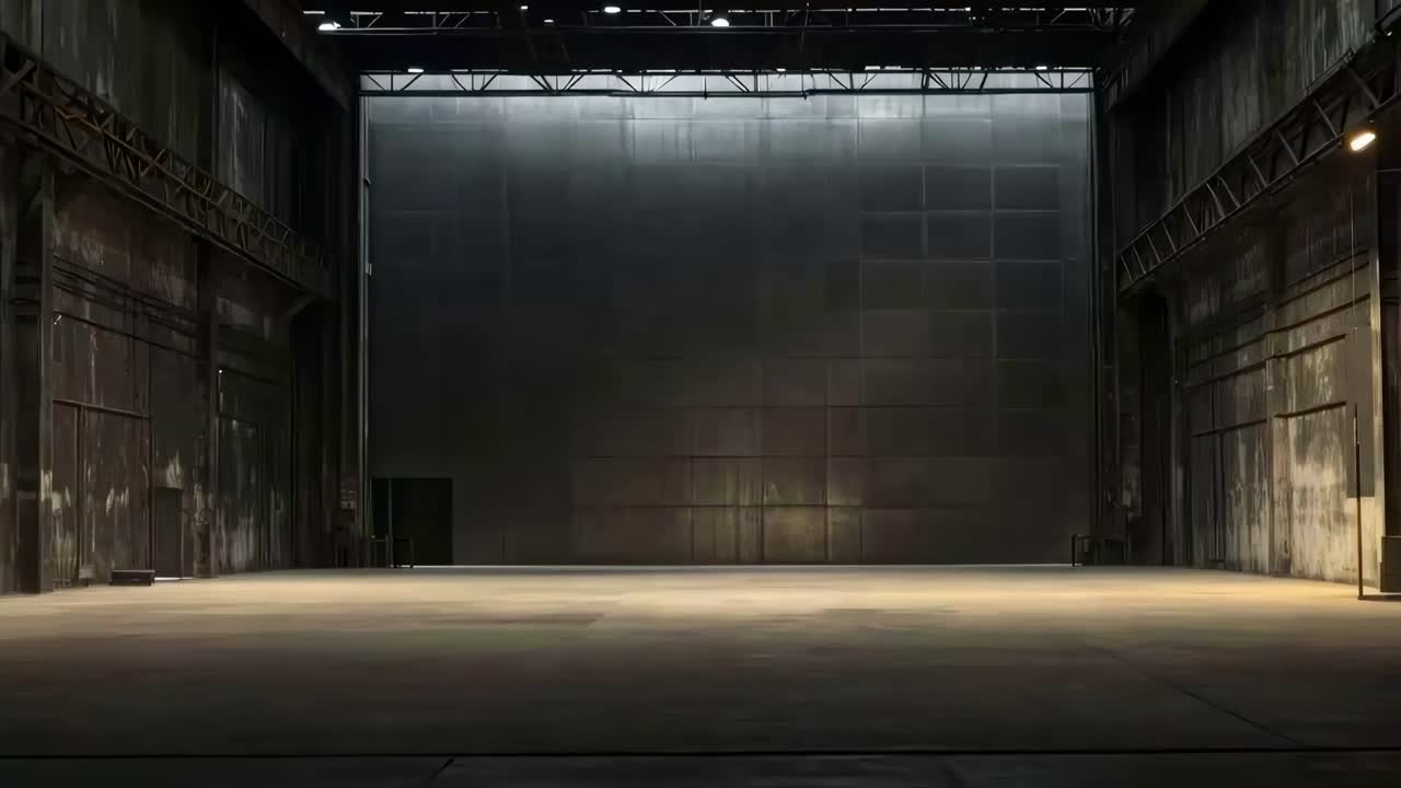 Wide-angle shot of an empty industrial warehouse with high ceilings and dim lighting, perfect
