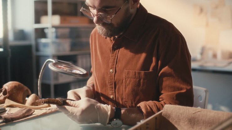 Focused Researcher of Studying Artifact in Archaeology Laboratory