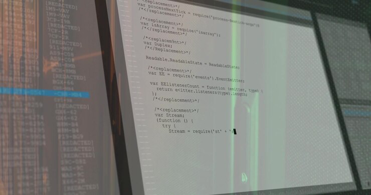 Computer monitor displaying JavaScript code animating console overlay with green glow in 3D