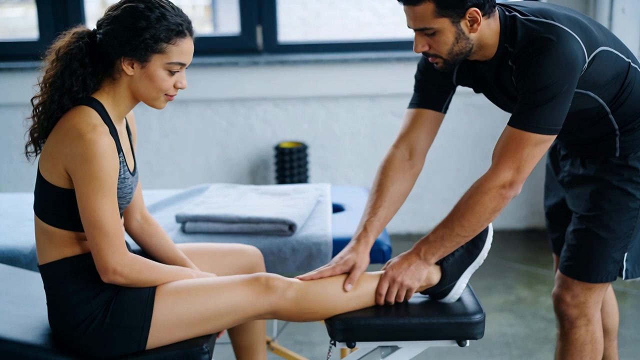 Therapist placing leg on pad, feeling, moving ankle, testing mobility in rehab, client in grey bra