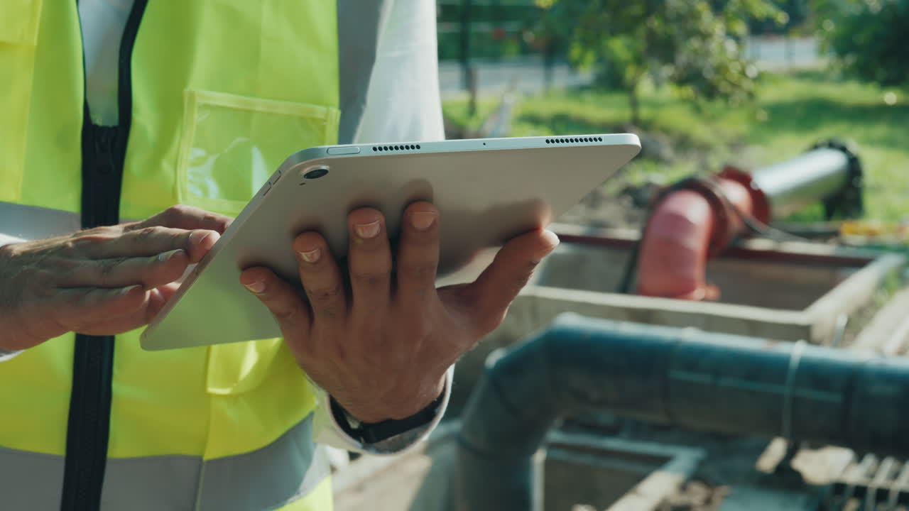 Construction worker using tablet on a site