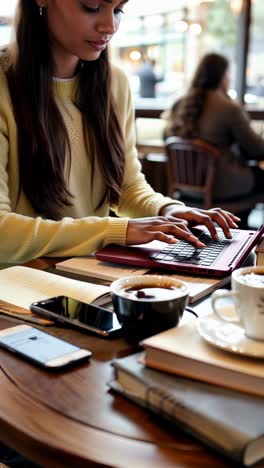 latin young woman working with laptop in coffee shop.
