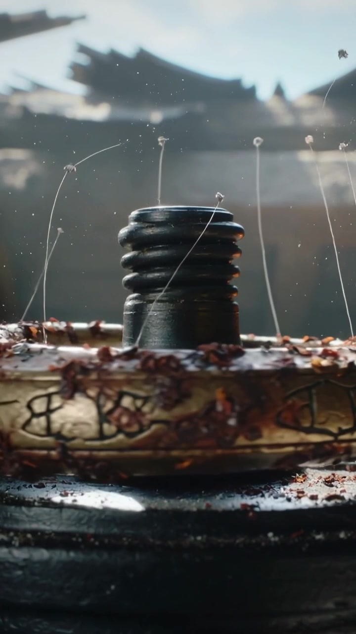 Vertical video: Swaying threads around black neck on carved band near roofs, driven by light breeze