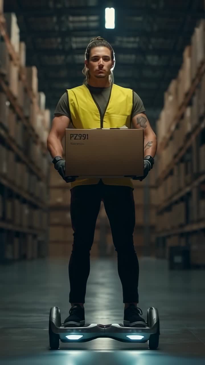 Vertical video: Worker wearing vest leaning forward gliding scooter in storage aisle carrying PZ991