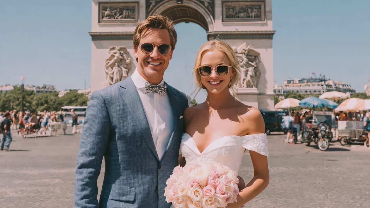 Una gioiosa celebrazione dell'amore: una bellissima coppia che posa di fronte a un monumento iconico, che trasuda felicità con un bouquet floreale in una luminosa giornata di sole